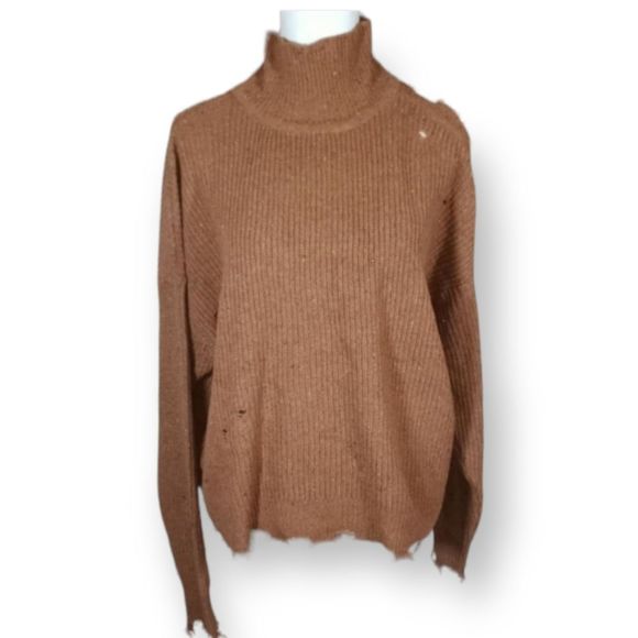 ZENANA DEEP CAMEL CUTOUT TURTLENECK DISTRESSED SWEATER NWT MULTIPLE SIZES - Picture 5 of 8